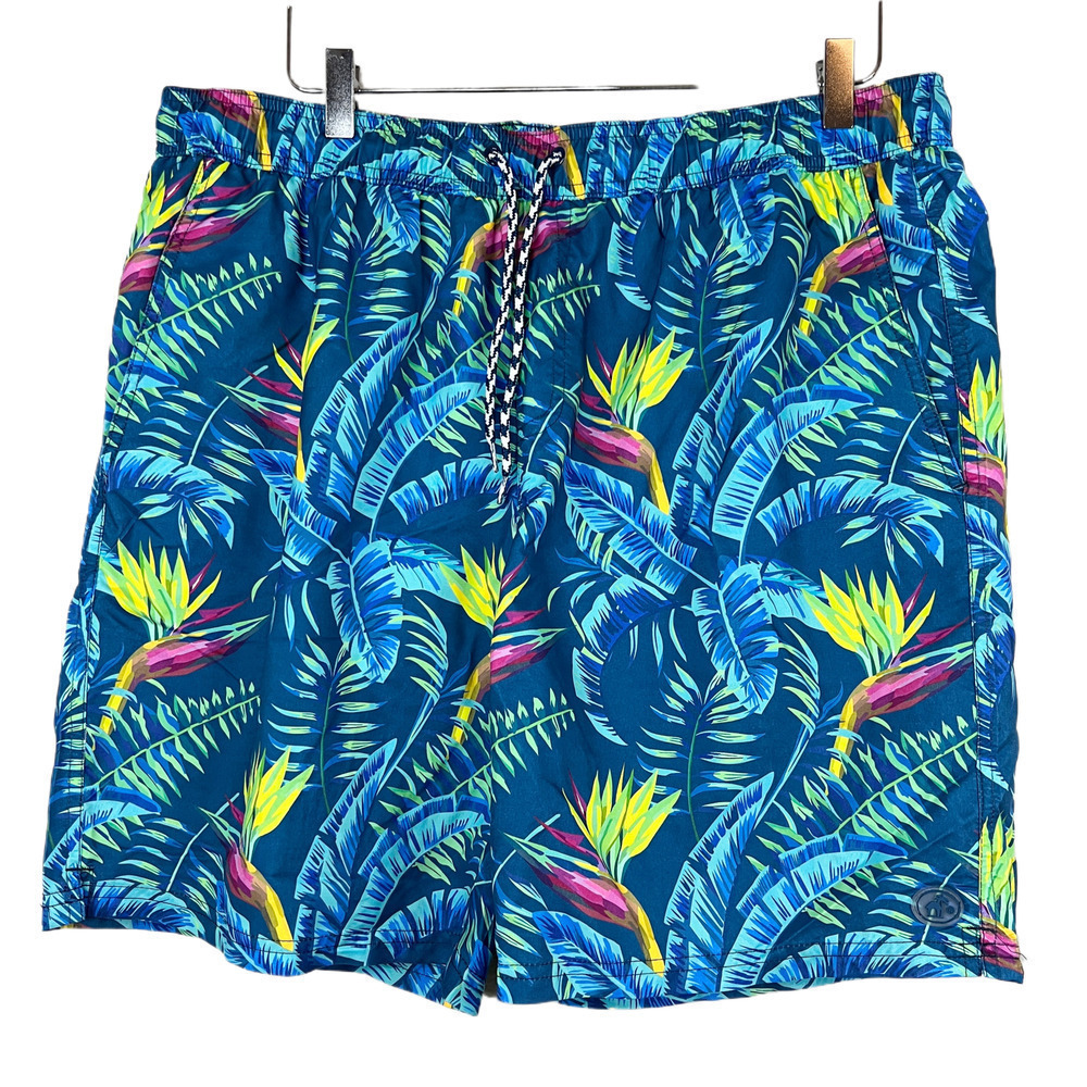 Caribbean Joe Men's Bird‎ of Paradise Blue & Yellow Lined Swim Trunks Size XL